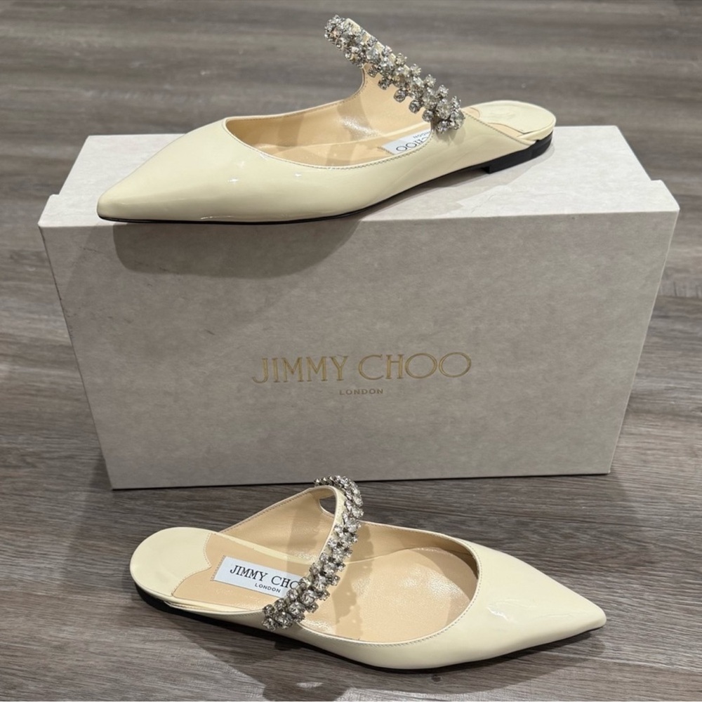 Jimmy Choo Bing Crystal Strap Patent Leather in Linen Mule Flats